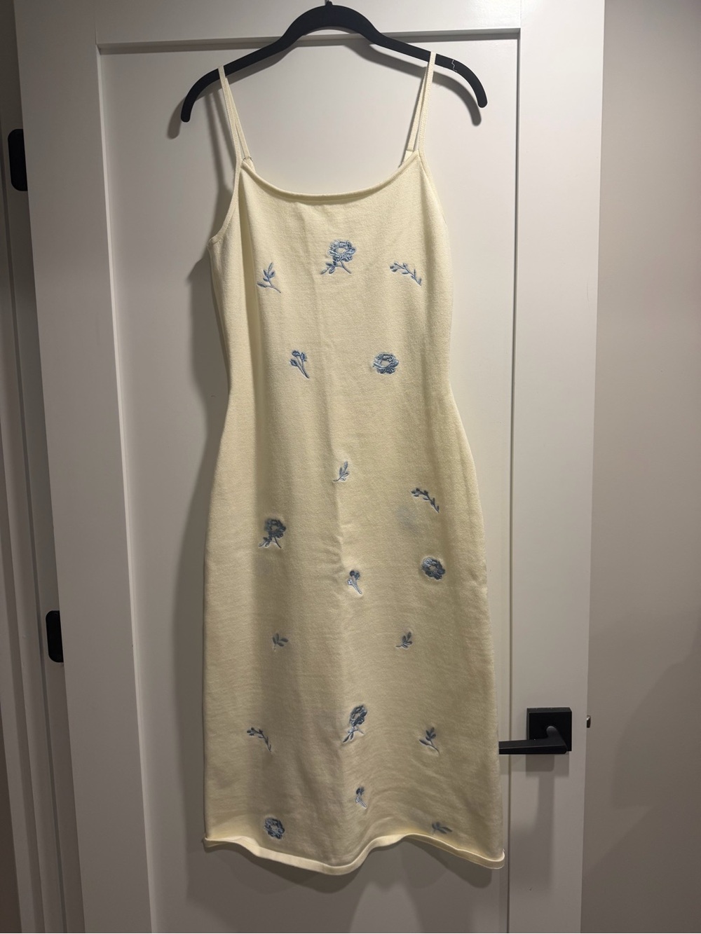 Le Lis Cream Slip Midi Dress with Blue Floral Embroidery